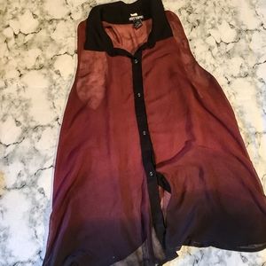 Burgundy Ombre Sheer Sleeveless Button-Up